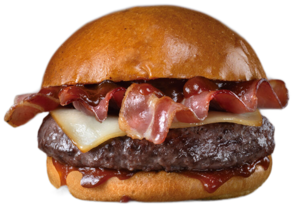 Hamburguesa de carne a la brasa con bacon, queso y salsa barbacoa en pan brioche